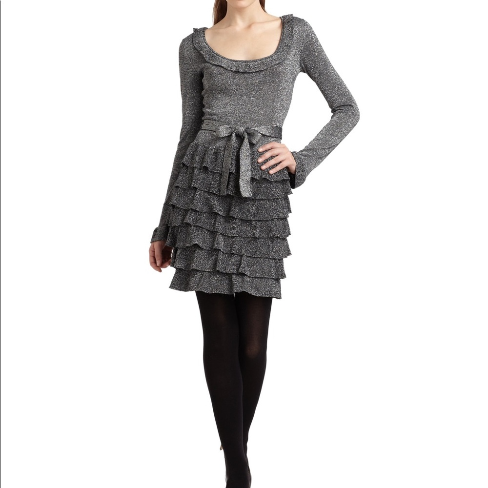 BCBGMAXAZRIA NWT Dark Silver Ruffled Knit Dress.